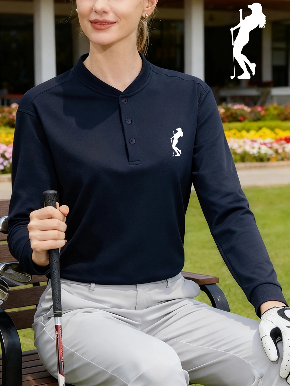 

A Female Golfer Printing Womens Henley Shirt Cotton Autumn Long Sleeved Undershirt Basic Warm Tops Sporty Comfortable T-Shirts