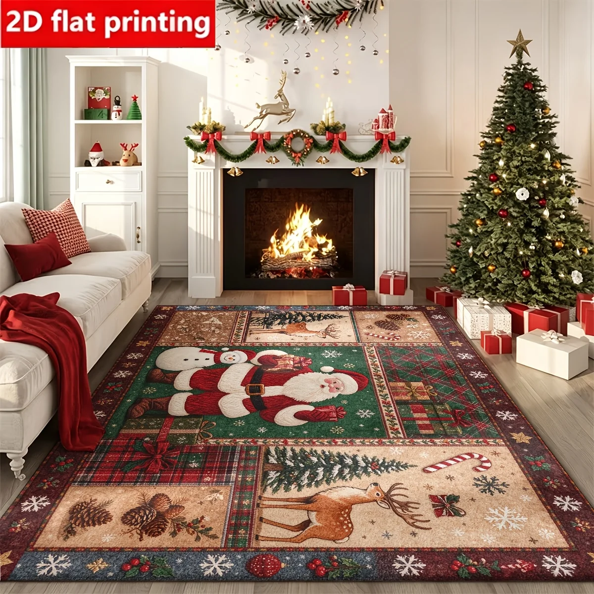 1pc 2D Flat Patchwork Santa Snowman Reindeer Christmas Printed Floor Mat, Decorative Rug for Living Room, Bedroom, Home