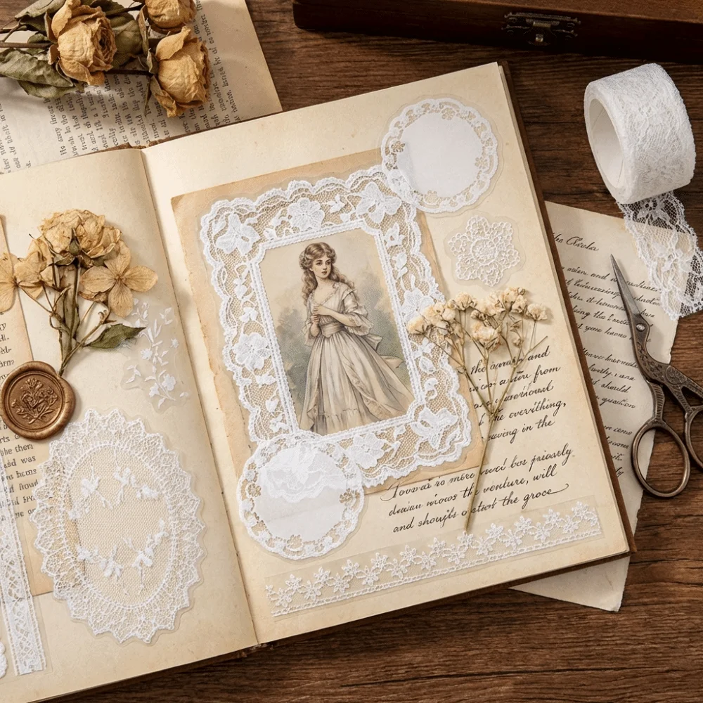 DIY Crafts Lace Theme A Sticker Book Removable Vintage Style DIY Stickers PET Stickers Luggage