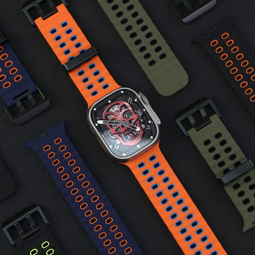 سيليكون تنفس حزام لساعة أبل الترا 49 مللي متر حزام المعصم ل iWatch سلسلة 10 9 8 7 6 5 se 46 مللي متر 45 مللي متر 44 مللي متر 42 مللي متر معصمه