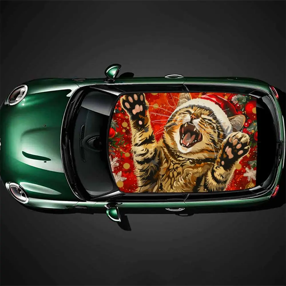 Dancing Christmas Cat Print Car Roof Sticker Wrap Racing SUV Auto Accessories Packaging PVC Car Hood Graphic Decal Decoration