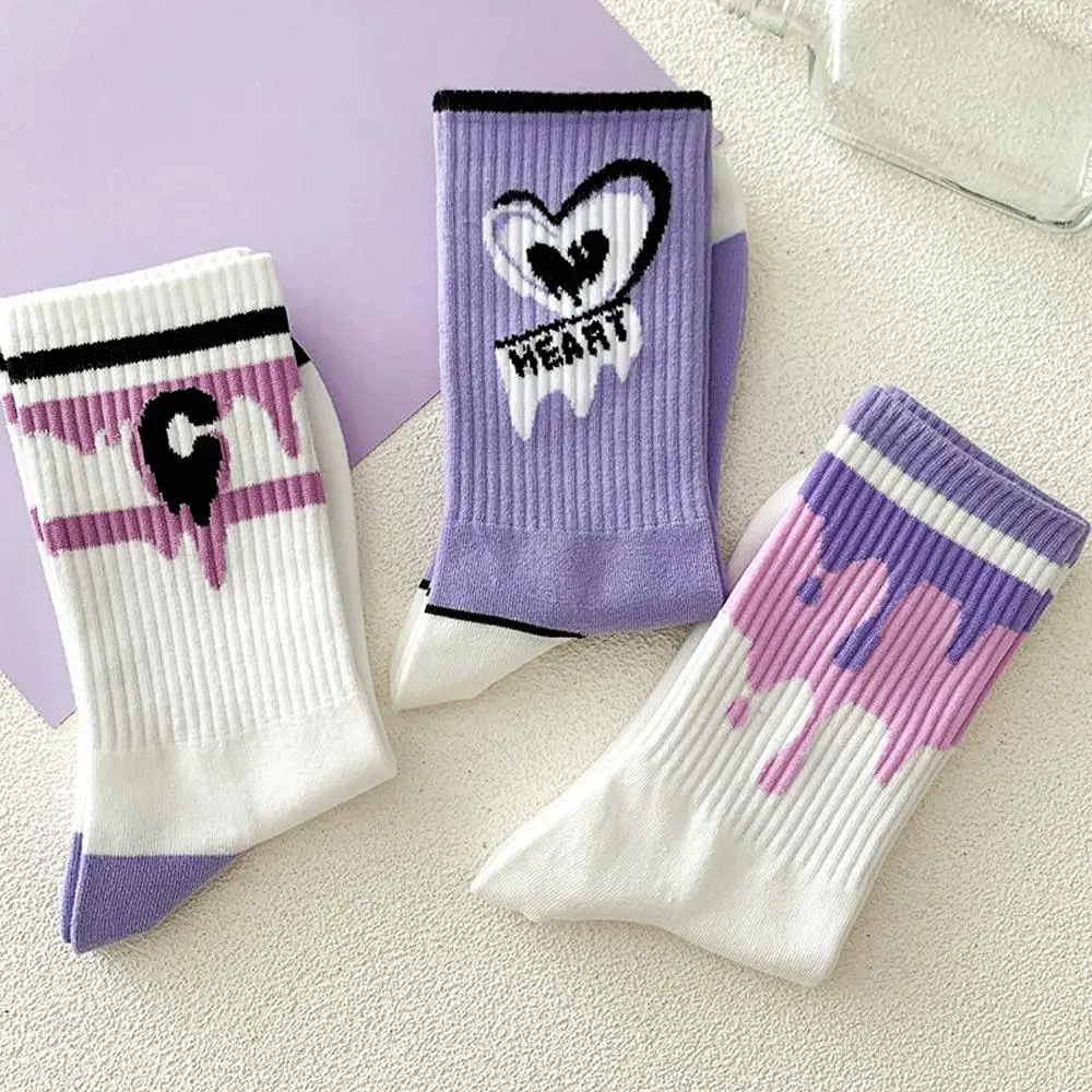 Women White Socks Cute Cotton Socks With Hearts Kawaii Preppy Korean Style Anime Purple Women Socks Set 5 Pair