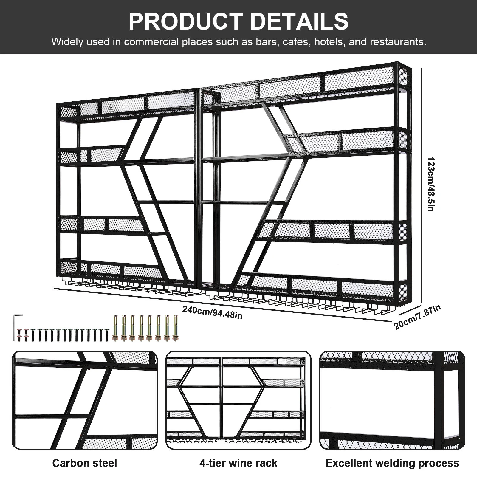 

3/4 Tier Wall Mounted Bar Shelves Metal Wine Storage Rack Display with Glass Holder for Home Kitchen Dining Room Coffee Shop