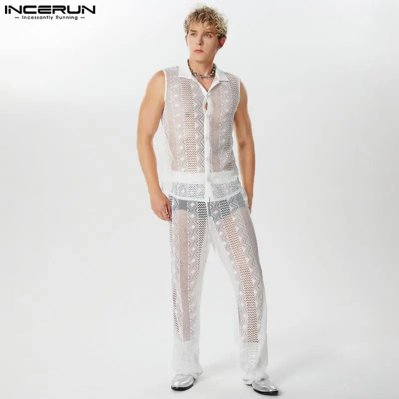 

INCERUN 2024 American Style Sets Sexy Men's Thin Lace Hollowed Sleeveless Shirts Long Pants Casual Clubwear Two Piece Sets S-5XL