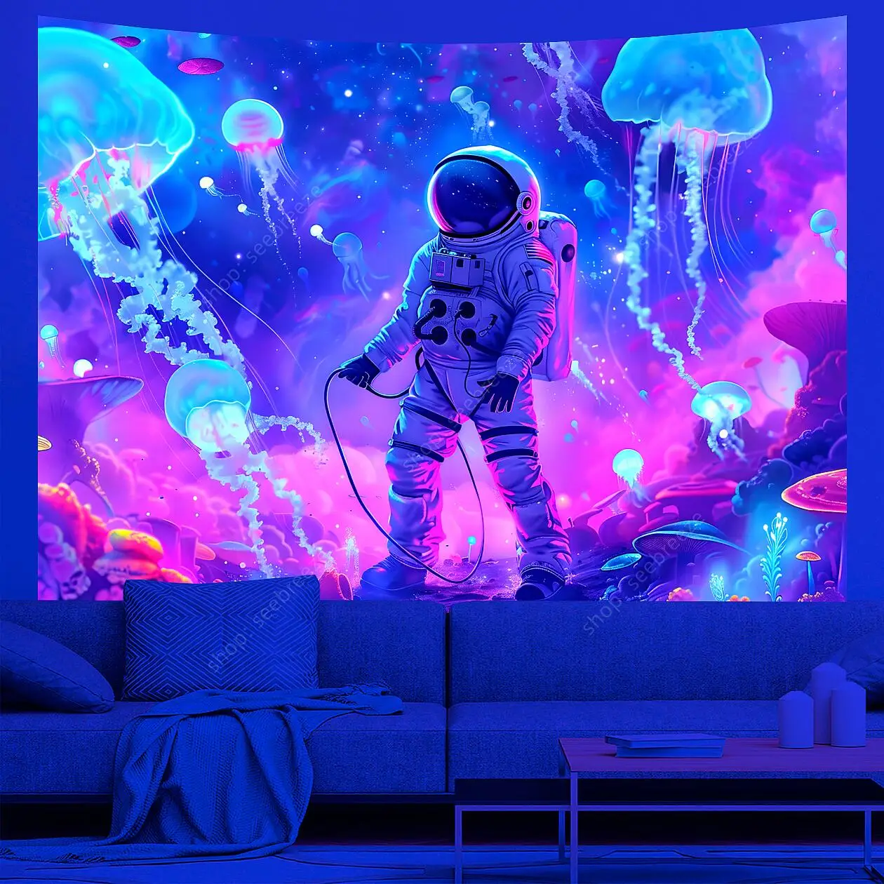 Psychedelic Astronaut UV Reactive Wall Tapestry Hippie Jellyfish Mushroom Tapestry Wall Hanging for Aesthetic Room Dorm Decor