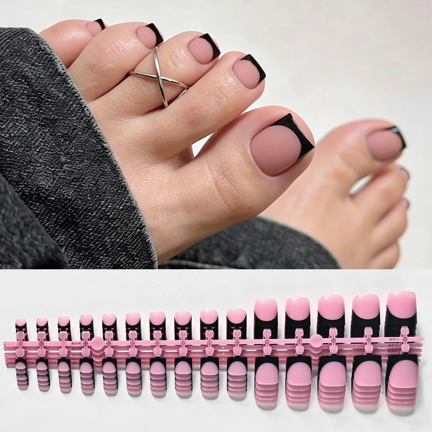150 Stück kurze, quadratische, schwarze French-Tips-Kunstnägel für die Zehen, matte, nudefarbene, rosa Press-On-Zehennägel für den täglichen Sommergebrauch, tragbare künstliche Zehennägel. – Detail 4
