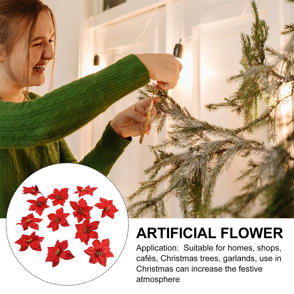 

6pcs Christmas Tree Flower Decor Small Simulated Plastic Flowers Diy Glittering Holiday Wedding Decoration Artificial Garland