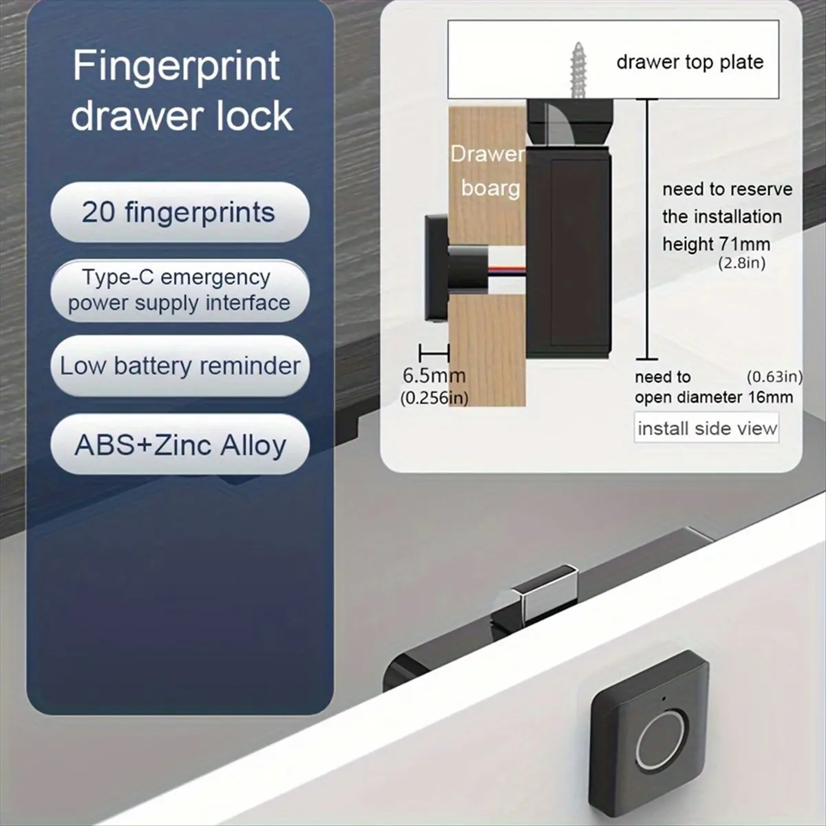 A89X Compact ABS Fingerprint Drawer Lock Smart Biometric Security for Cabinets Shoe Lockers File Cabinets Easy to Install