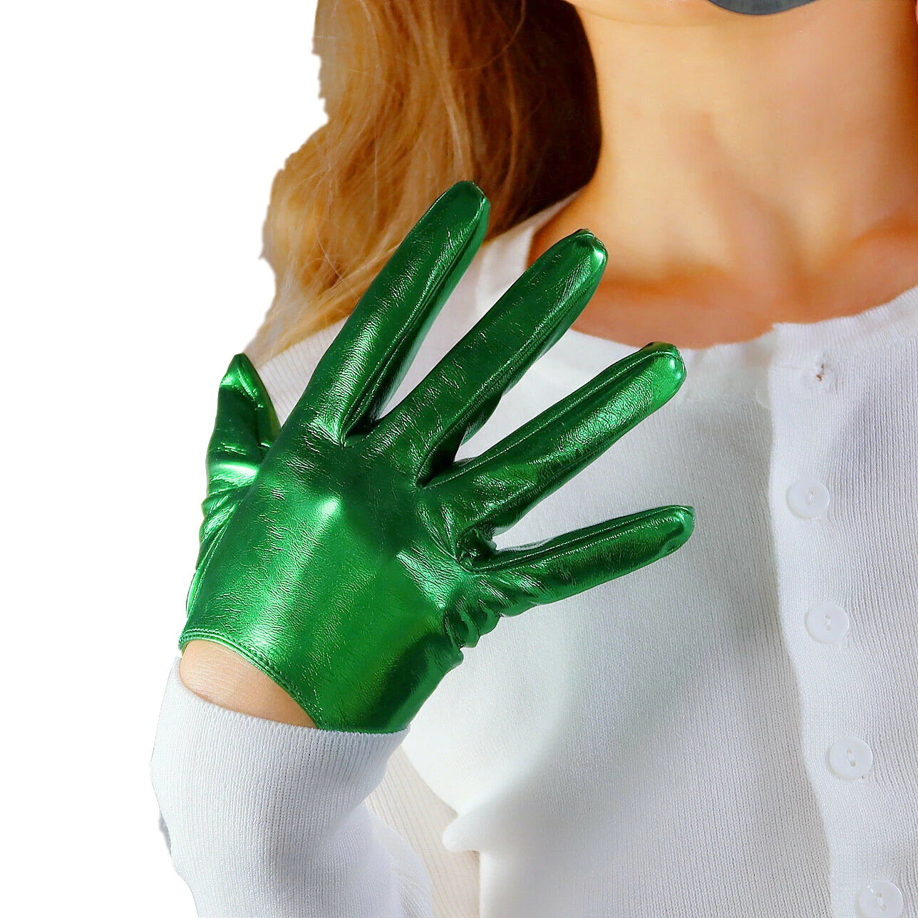 

Metallic Green Super Short Latex GLOVES Shine Wet Look Faux Patent Leather PU Fashion Evening Nightclub Cosplay Party Accessory