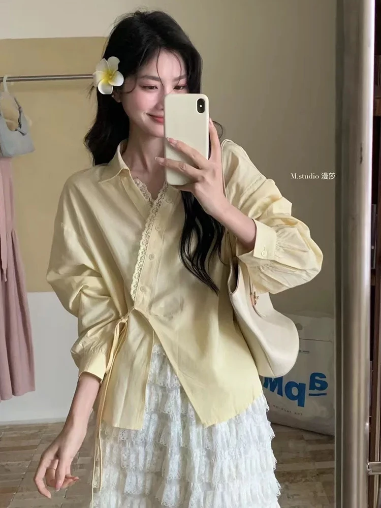 

Sweet Retro Women Shirt Lace Patchwork Long Sleeve Elegant Blouse French Design V Neck Irregular Spring Lady Lace Up Tops New