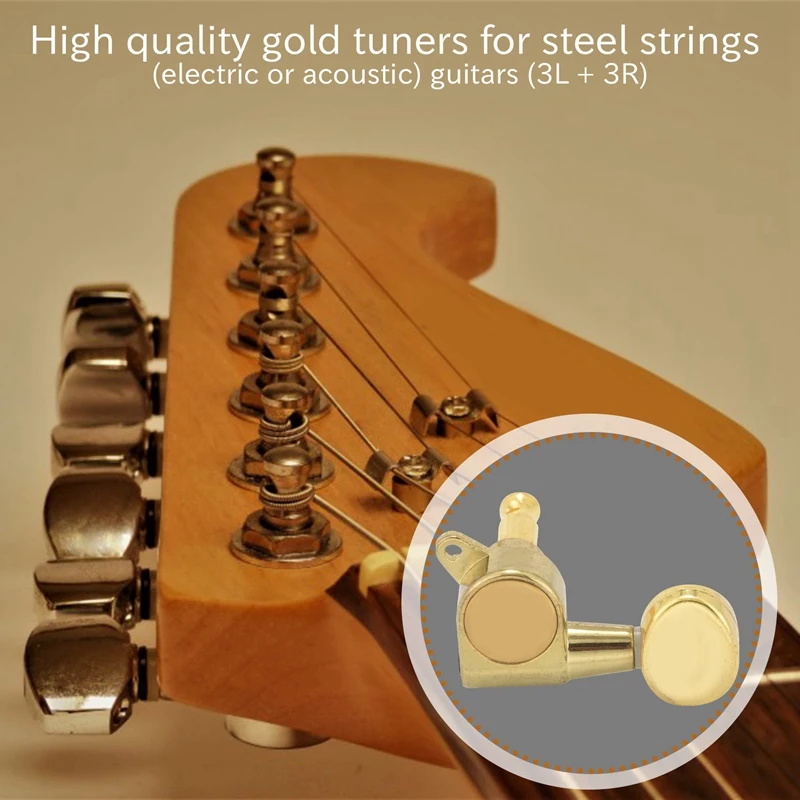 VerROUILLAGE-6 Guitar Tuning Pegs, Toques, Cordas, Botão, 3L, 3R, Ouro