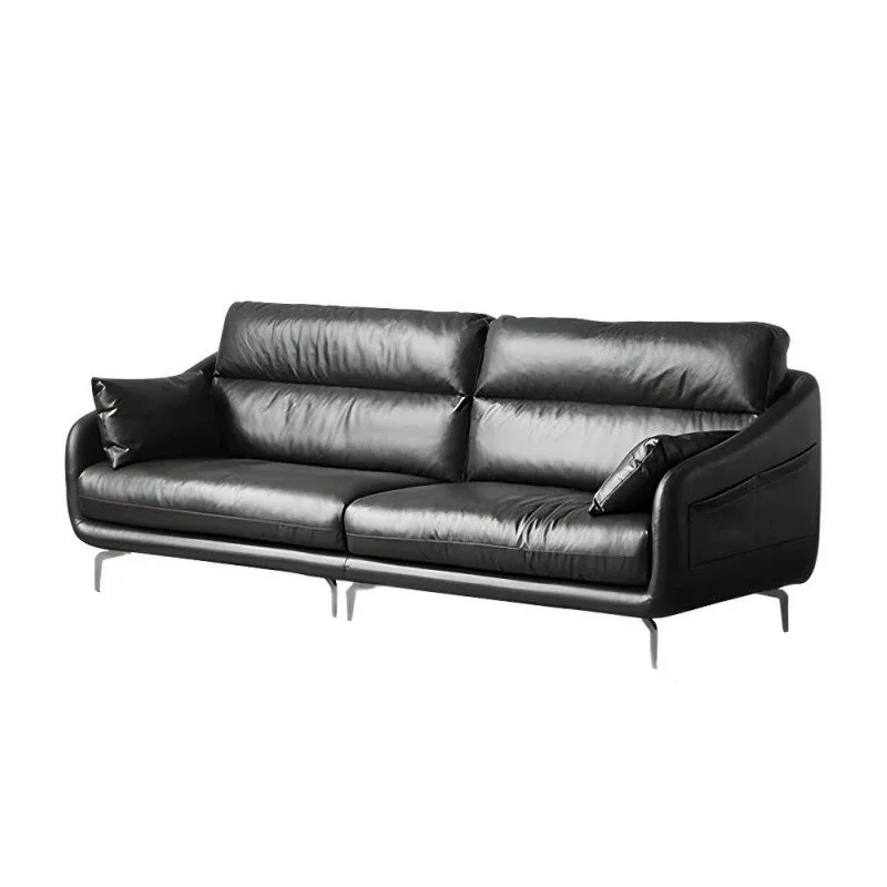 Nordic retro leather sofa, Italian minimalist black first-layer cowhide straight-row high-back sofa