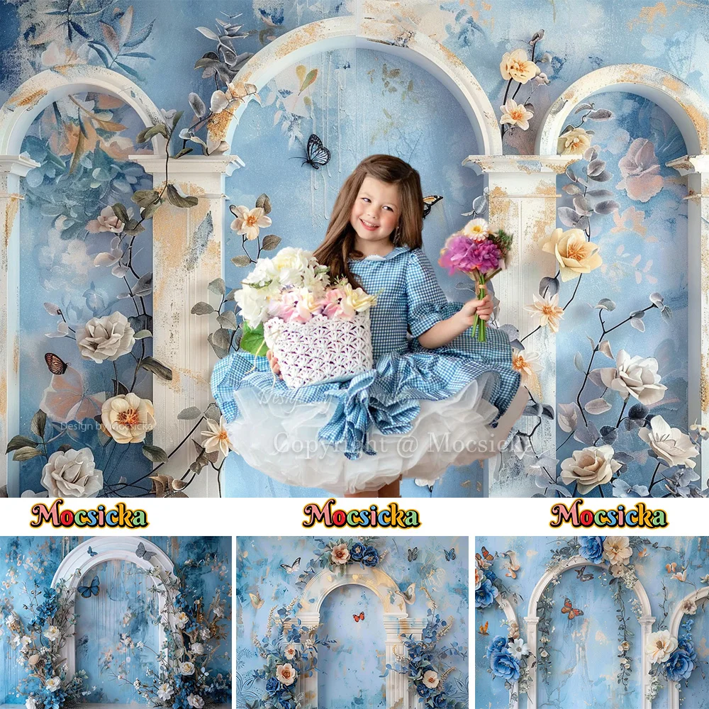 

Studio Photography Background Prop for Maternity Vintage Arch Door Floral Butterfly Blue Backdrop Booth Bride Show Wedding Photo