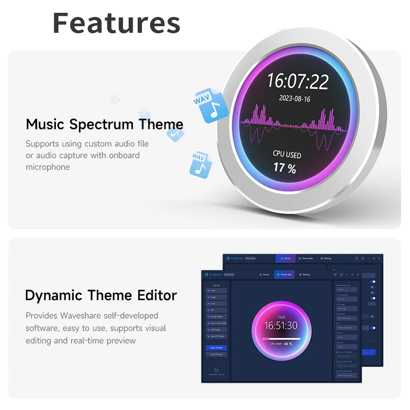 Schermo di raffreddamento ad acqua USB da 2.1 / 2.8 pollici schermo secondario 480x480 con funzione di analisi dello spettro musicale CPU RAM