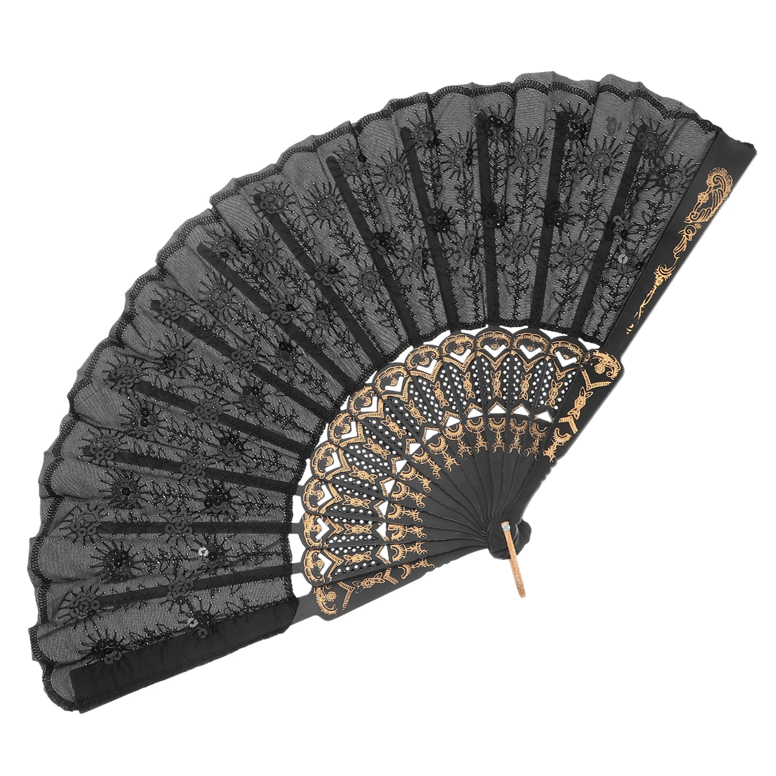 

Black Sequin Fan Chinese Style Dance Folding Decorative Handheld Stage Performance Peacock Wing Vintage Mesh Costume