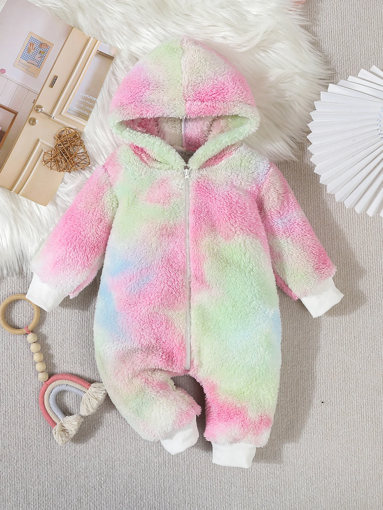 Herbst Winter Entzückende Baby Mädchen Gefärbt Doppelseitigen Flanell Langarm Strampler Baby Fell Kapuze Krabbeln Anzug – Detail 1