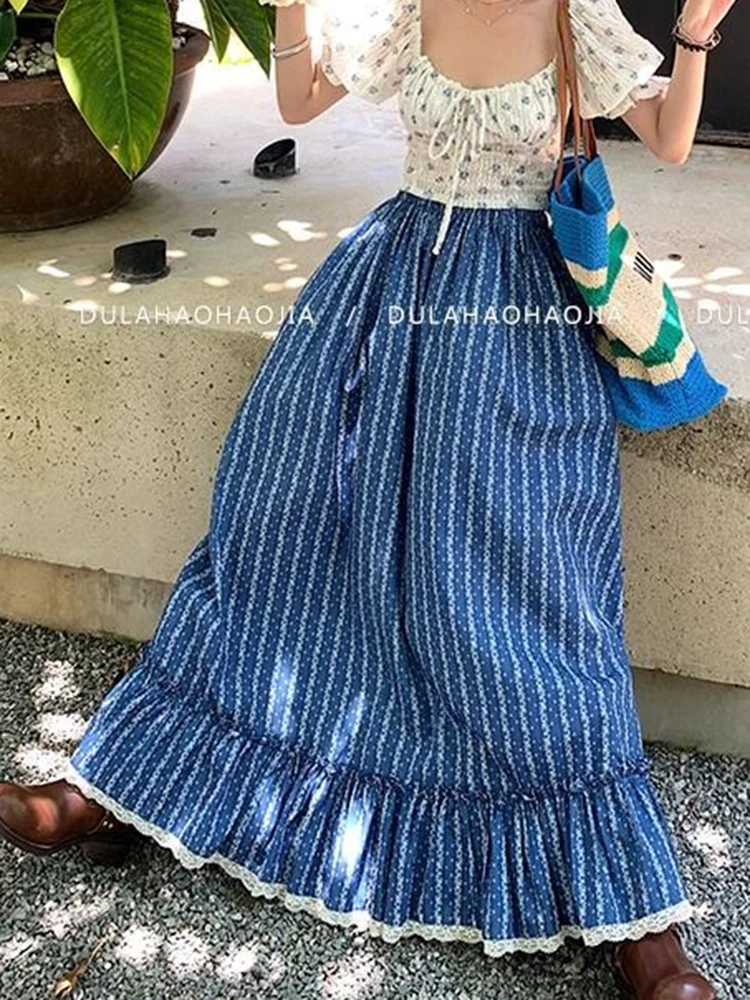 Jmprs ボヘミアンストライプロングスカート女性エレガントな甘いハイウエストレトロスカートカジュアルルーズ女性レースパッチワークヴィンテージスカート