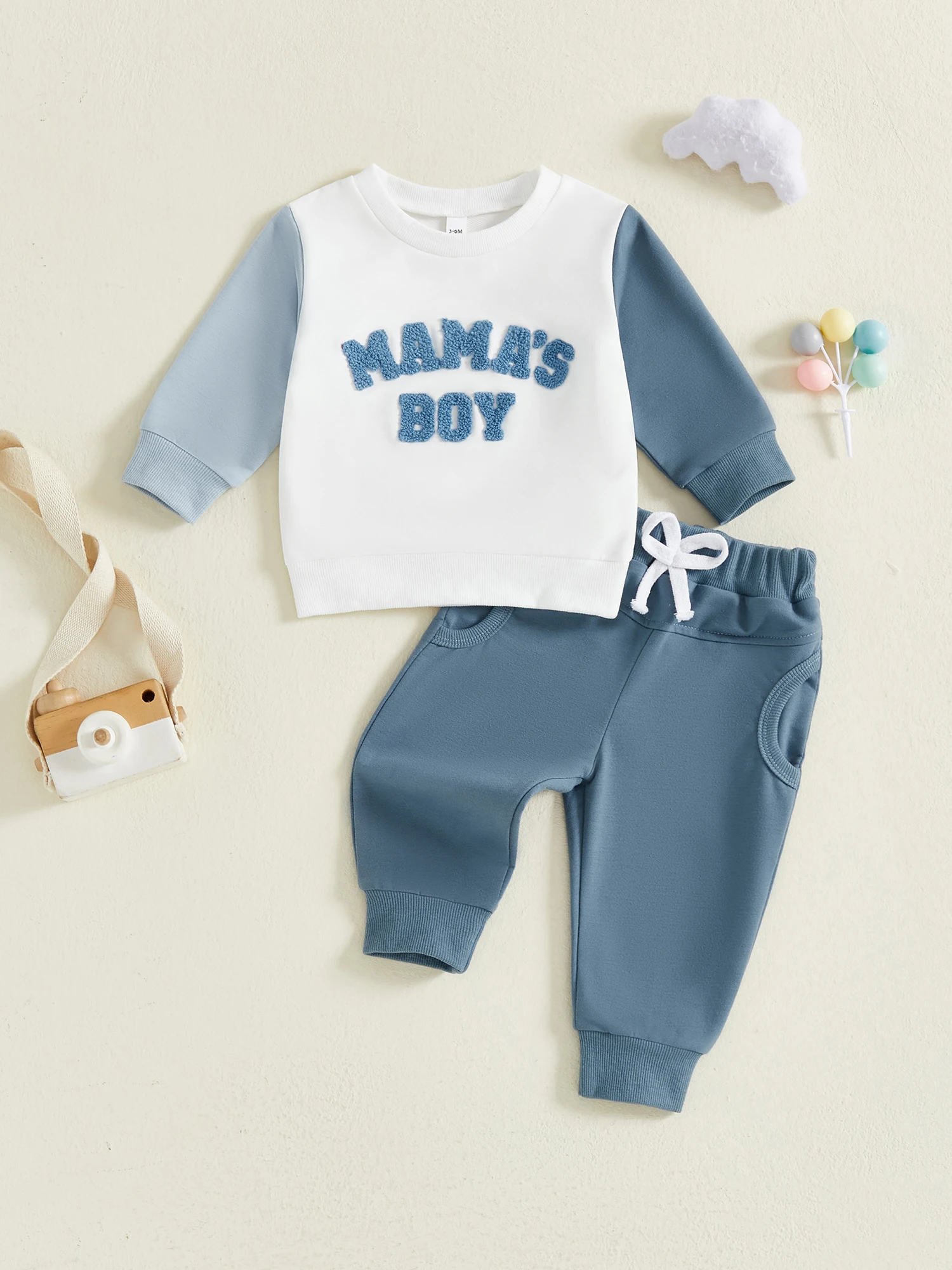 

Baby Boy Autumn Clothes Letter Embroidery Patchwork Long Sleeve Round Neck Sweater Elastic Waist Solid Trousers 2 Piece Set