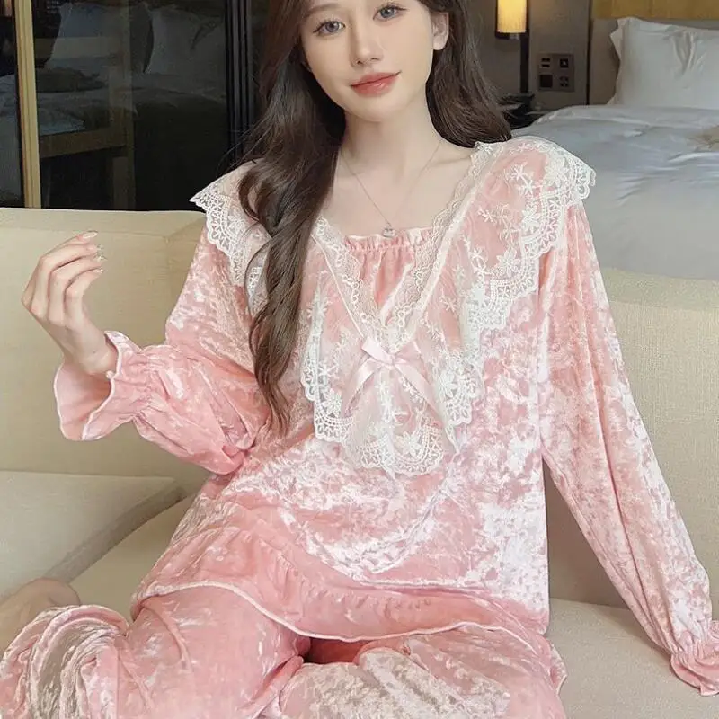 

Горячие пижамные комплекты Pleuche с v-образным вырезом и кружевными краями, брюки принцессы с длинными рукавами, сексуальная одежда для отдыха, весенне-осенняя одежда для сна, obowiązki