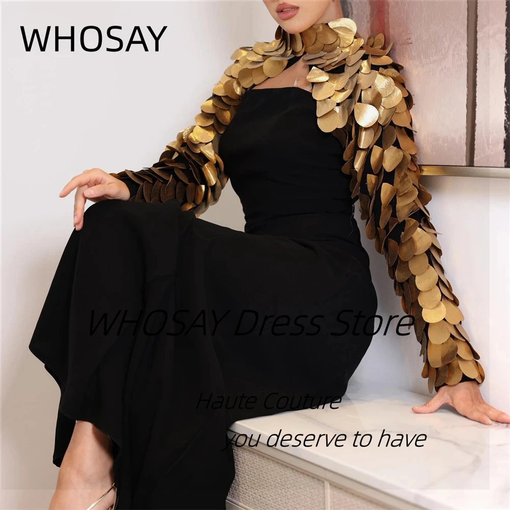 WHOSAY Customized Black Long Prom Dresses Strapless Zipper Back Evening Gowns High Collar Long Sleeves Wedding Party Saudi Women