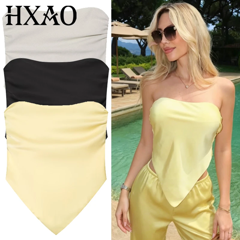 Image of HXAO Satin Trägerloses Crop-Top für Damen Schwarz-Gelb Gestreiftes Tanktop Schulterfreies Rückenfreies Tube-Top Ärmelloses Rückenfreies Top mit Schnürung