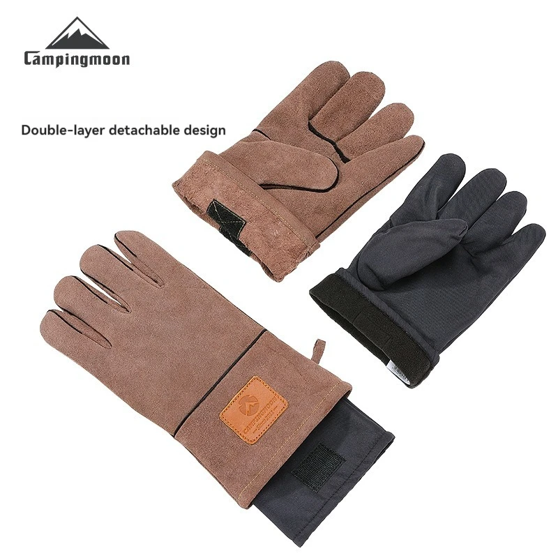 CAMPINGMOON Outdoor Flame-retardant and Heat-insulating Cowhide Double-layer Detachable Design Fire Gloves