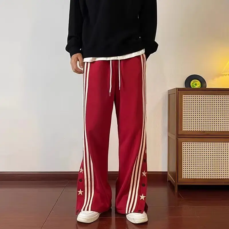 Men's Women's Spring Summer Fashion Minimalist Retro Striped Buckle Pockets Elastic Loose Versatile Straight Leg Casual Pants