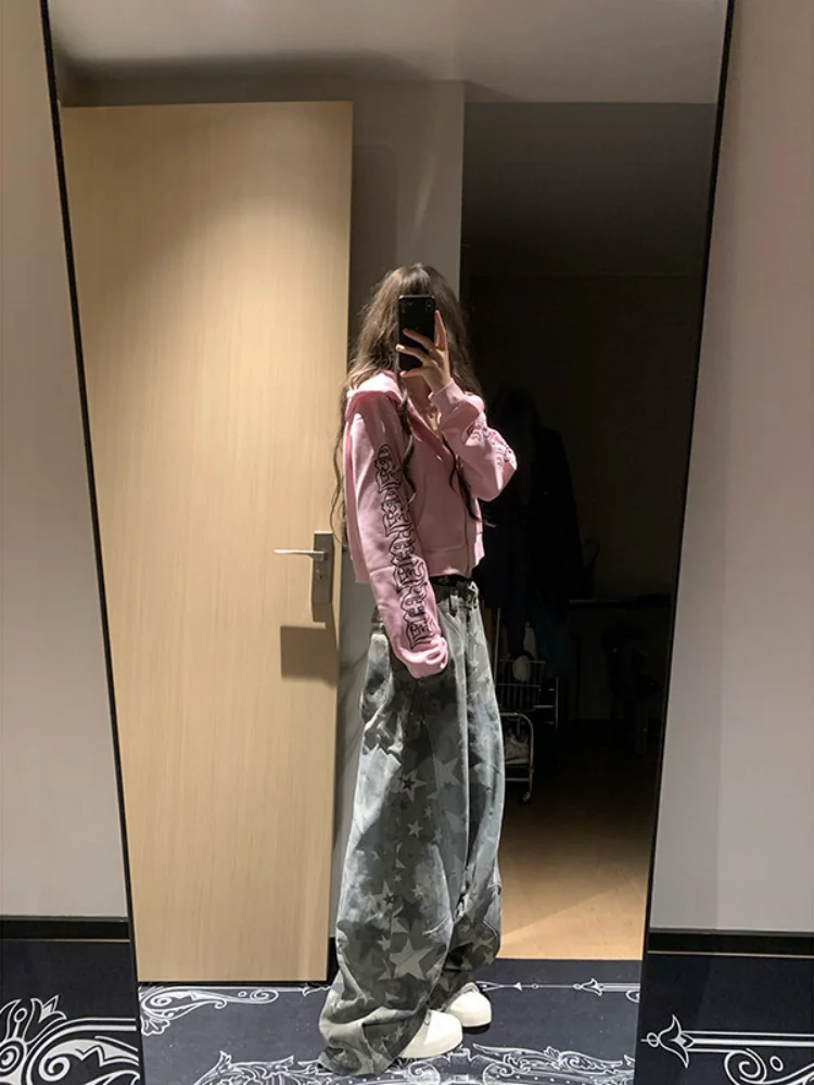 2026 Spring Jeans Women's Retro Star Print Camo Cargo Jeans Stylish Loose Straight Leg Wide Leg Floor-length Denim Pants
