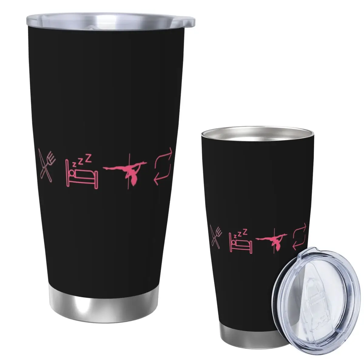 Coma, dormir, baile en barra, repetición - Vaso de acero inoxidable con iconos negros Tazas aisladas al vacío Pajitas térmicas para tazas frías con tapa 20 oz