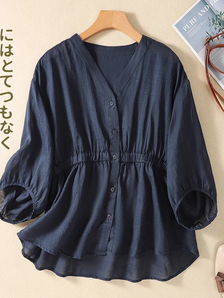 V-Ne القطن الكتان دمية irt المرأة أناقة الصيف أعلى خمسة أرباع Sve زر متابعة فضفاضة تناسب العادية طول تخفيف Sle #4