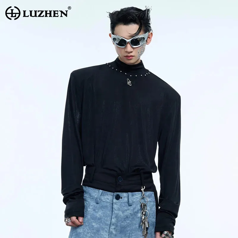 LUZHEN Stand-up Collar Bottom Shirt Metal Design Slim Simplicity Versatile Men Long Sleeved T-shirts Casual Fashion Tops LZ7315