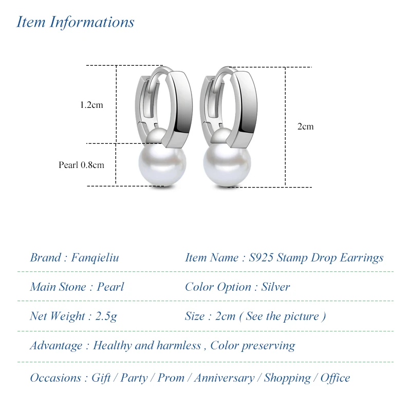 Solid 925 Sterling Silver Pearl Drop Earrings For Woman Hot Fashion Jewelry FQL22097