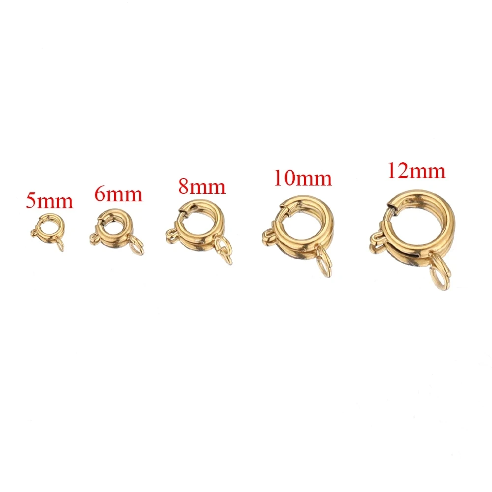 Conectores de anillo de resorte redondo de oro de acero inoxidable, 10 piezas, para pulsera, collar, accesorios para hacer joyas