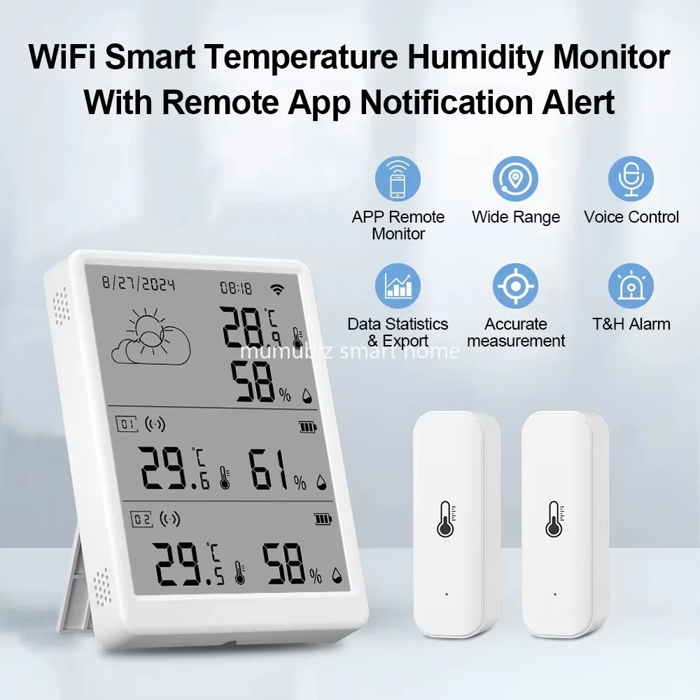 Tuya Grande Schermo LCD Stazione Meteo WIFI Previsioni Digitale Wireless per Interni/Esterni con 2 Sensori Igrometro Umidità Temperatura