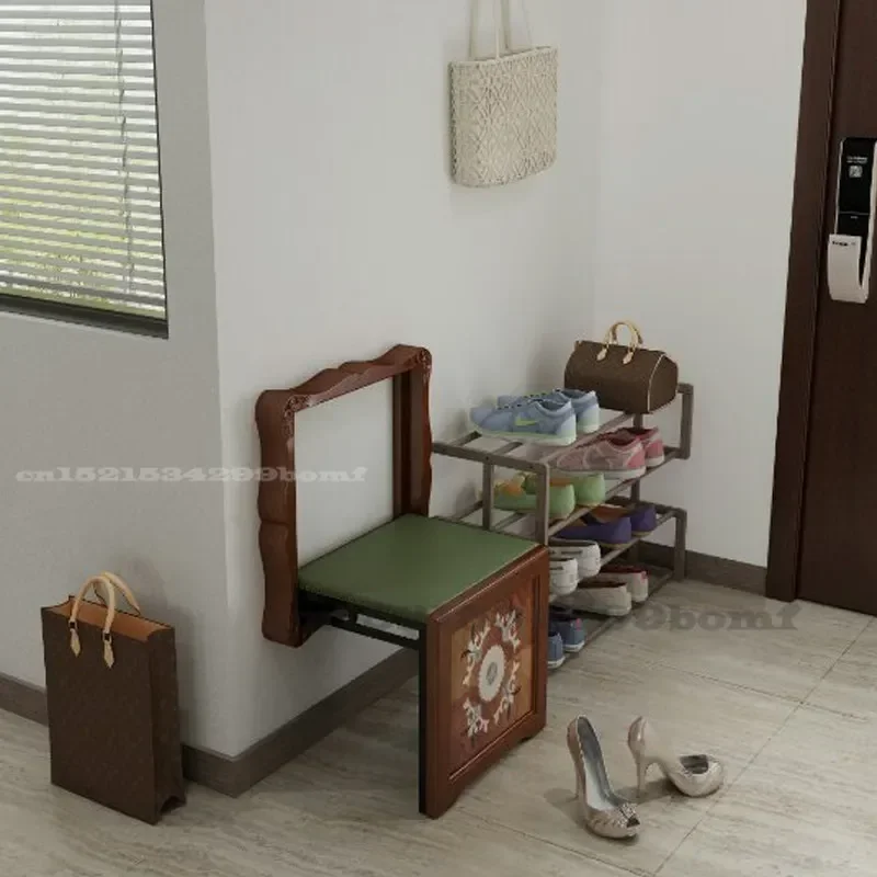 Solid Wood Folding Chair, Wall Hanging Stool, Space-Saving Shoe Bench, Entrance Porch Furniture, Portable Seat