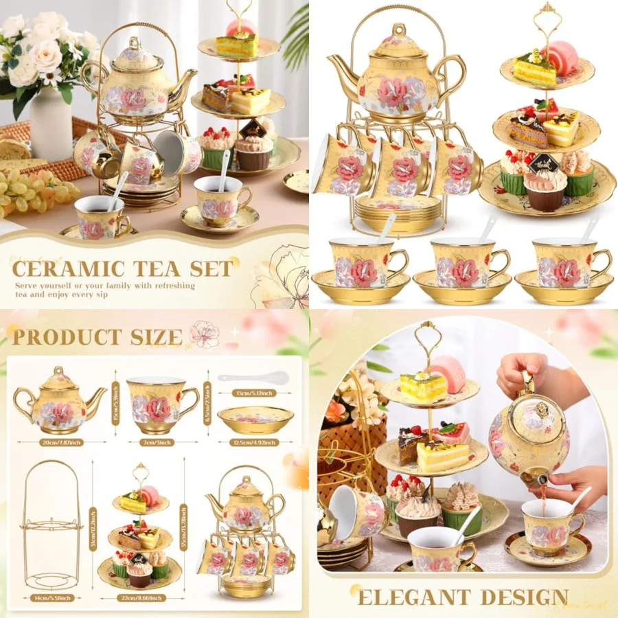 

21 Pcs Ceramic Teapot Set Vintage Porcelain Tea Cups with Metal Holder and High Tier Cupcake Stand Saucers for Women Girls Farm