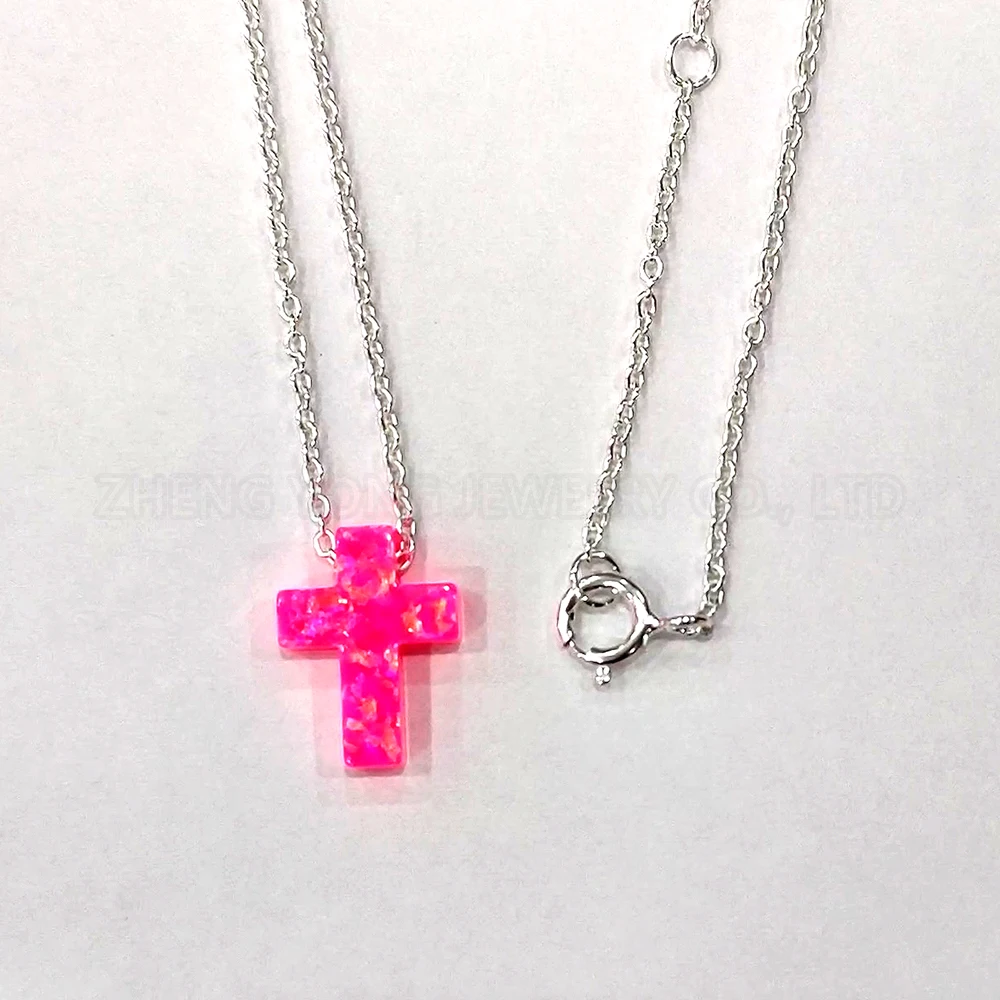 Sterling Silver Chain Cross Pendant Necklace for Women Men Synthetic Fire Opal Cross Bead Necklace