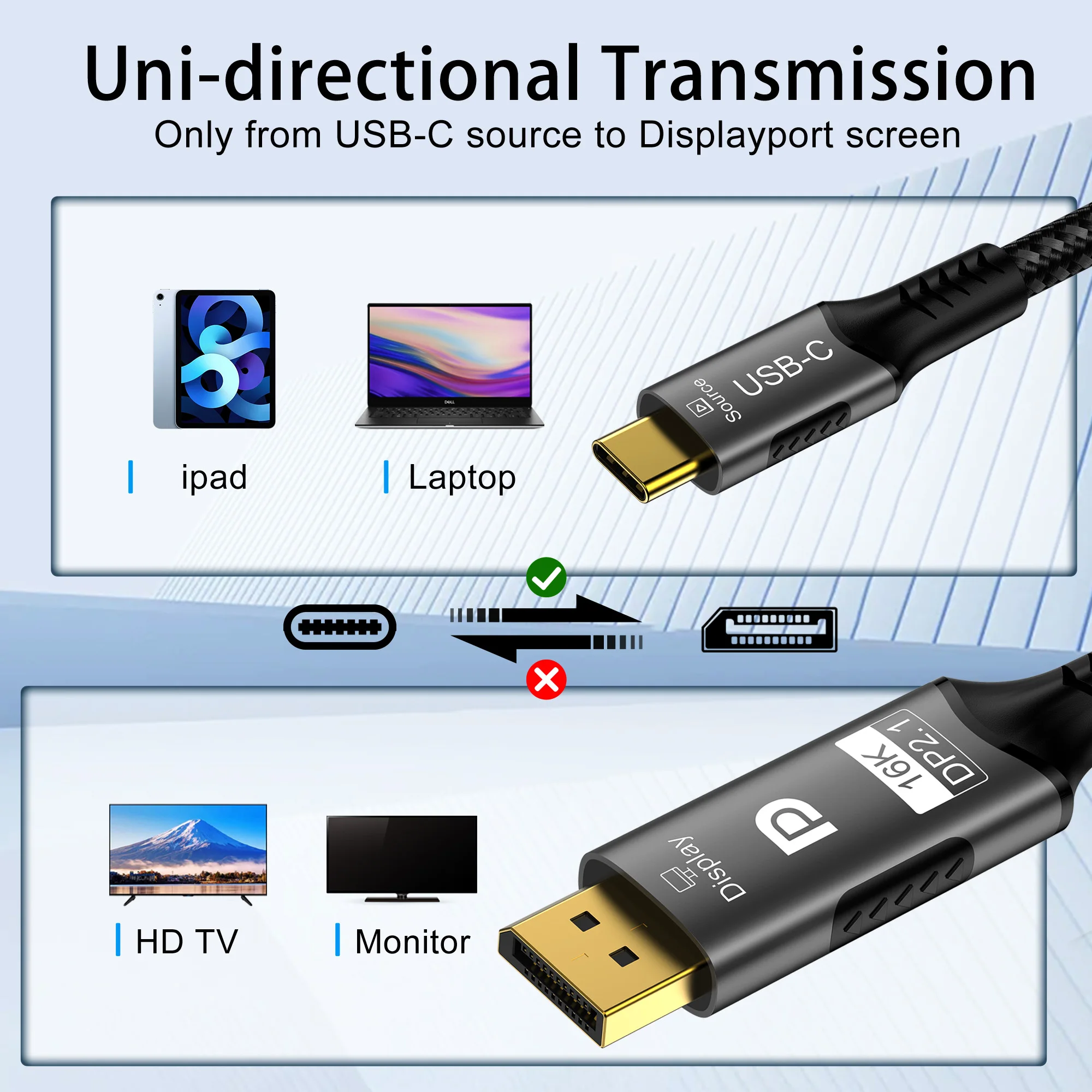 16K Type-C to DP 2.1 USB C to DisplayPort Cable 16K@30Hz 8K@60Hz For Thunderbolt 4/3 54Gpbs MacBook Huawei Air Projector PC TV