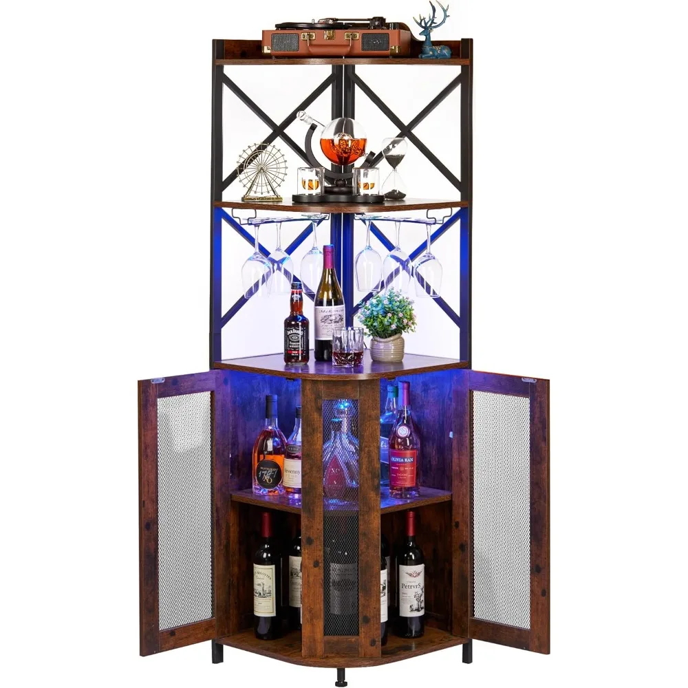 JKsmart Corner Bar Cabinet with LED Lights, 5-Tier Industrial Wine Cabinet with Glass Holder, Industrial Liquor Cabinet with