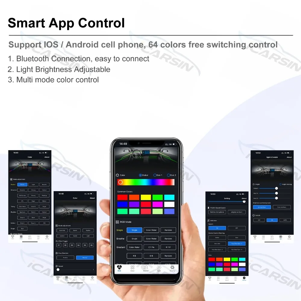 C2 64 لونًا ديناميكيًا سيمفونيًا عالميًا ضوء محيط للسيارة إضاءة جو LED داخلية 22 في 1 للتحكم في التطبيقات 18 في 1