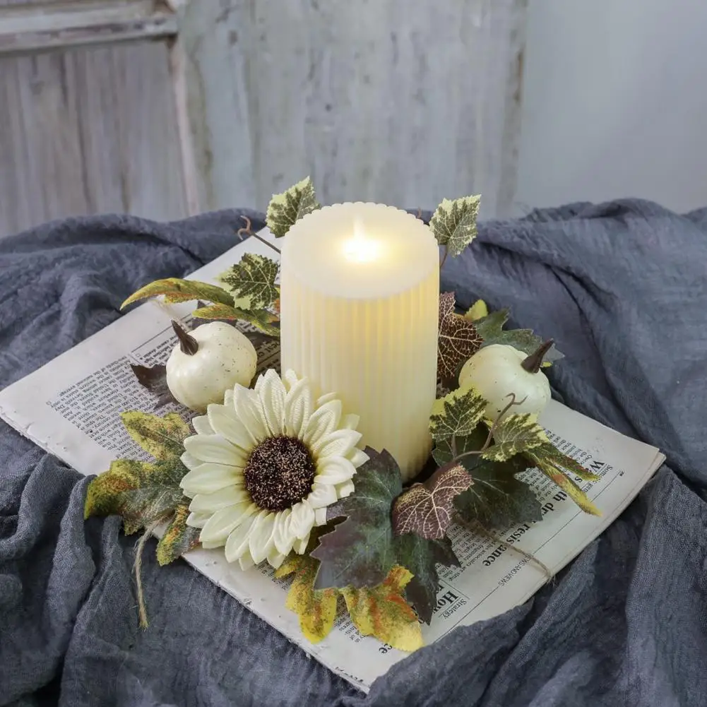 Candle Ring Decoration Autumn Table Decoration Fall Harvest Candle Ring Wreath Set with Artificial Pumpkins Sunflowers for Home