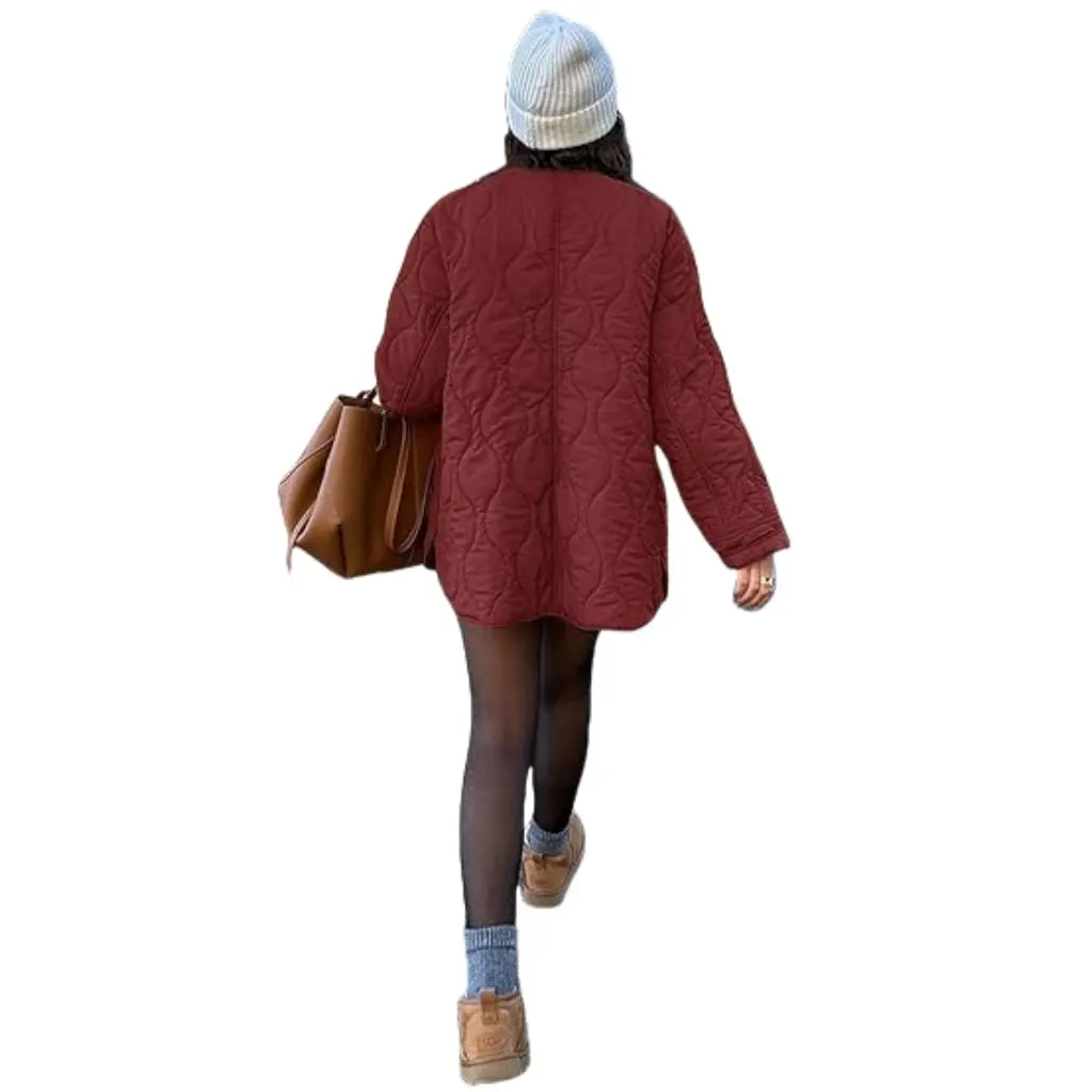 

Autumn Winter Quilted Cotton Jacket Simple Solid Color round Neck European American Style Women's Loose Fit Cotton Outerwear