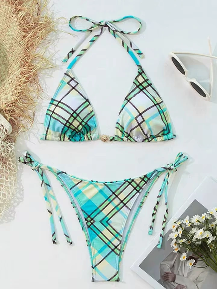 

Vzvn Sexy Laced Up Grid Bikini Women Split Swimsuit Beach Vacation Brazil Bikini 2026 New All Season Backless Bikini 2 Piece Set