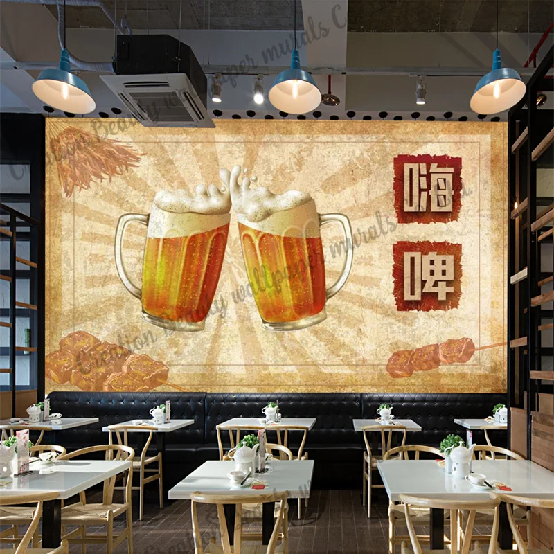 Custom Hand Painted Retro Beer Wallpaper Restaurant Bar Barbecue Snack Bar Background Wall Papel De Parede Papel Tapiz