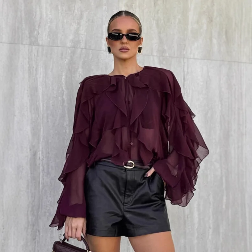 

2026 Spring Design Sense Elegant Burgundy Chiffon Blouse Women's Clothing Vintage Crew Neck Ruffle Top Women's