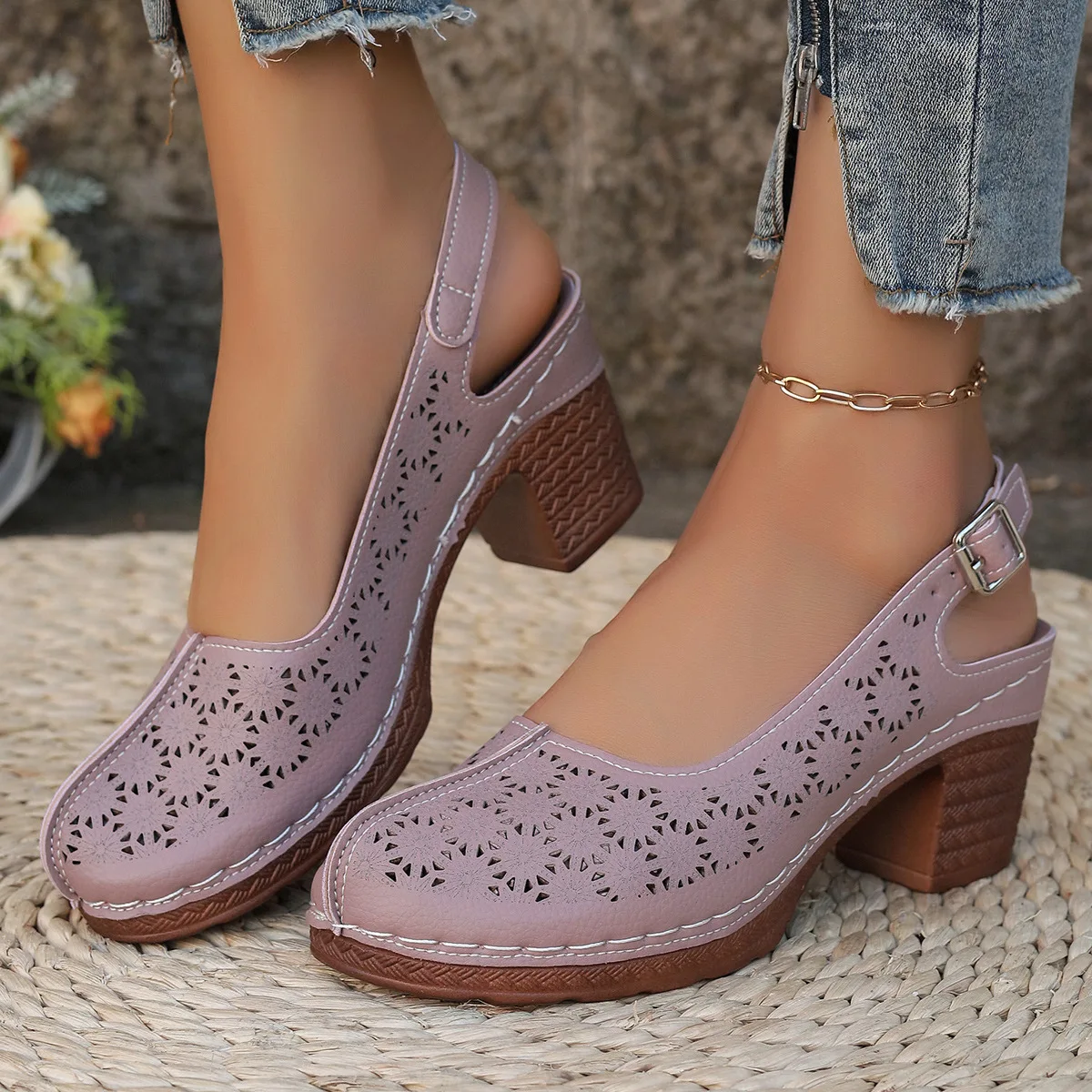 

Summer New 2025 Women's Breathable Hollow Closed Toe Sandals Plus Size 43 Round Toe High Heel Sandals for Women Sandalias Mujer
