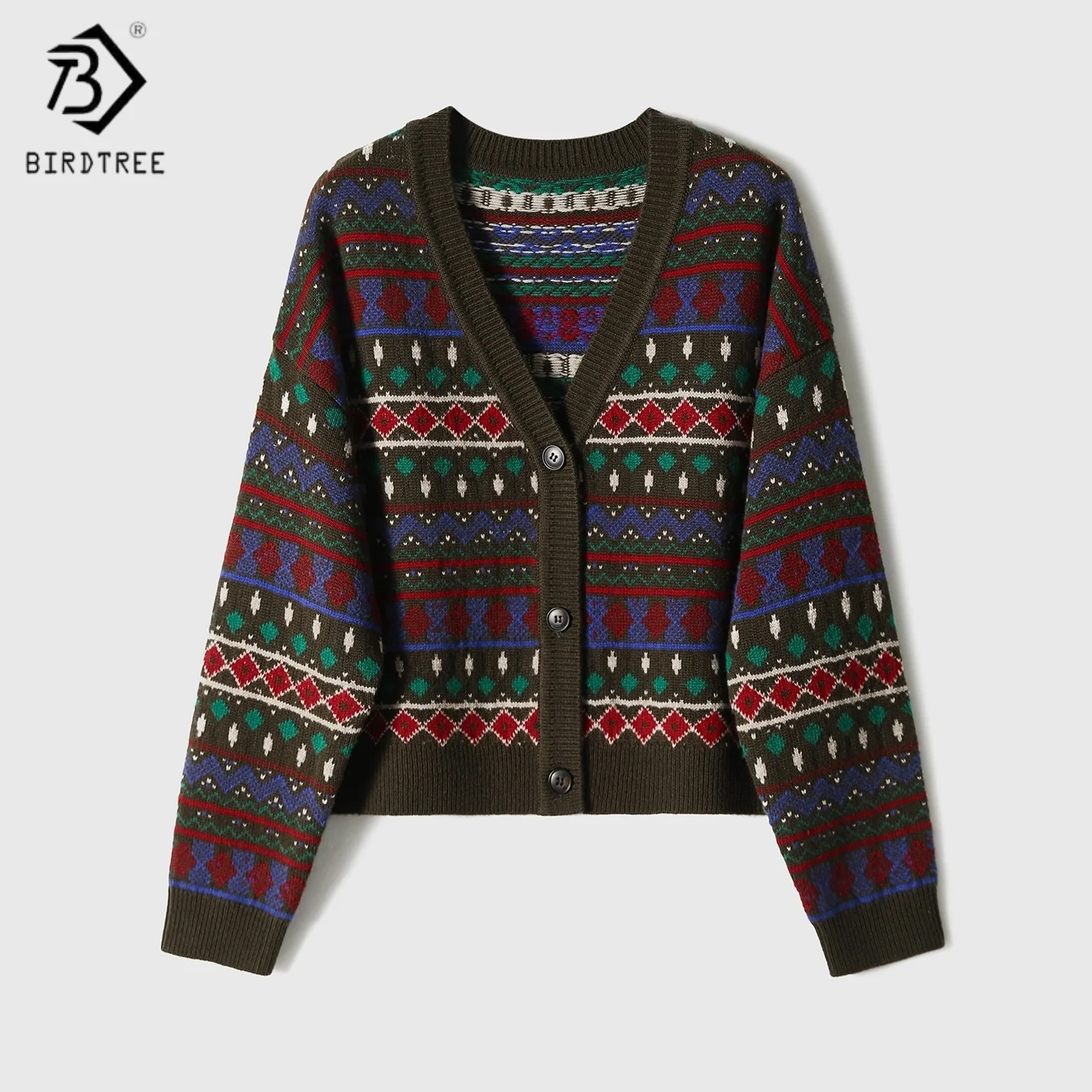 

Birdtree,90% Sheep Wool 10% Cashmere Knitted Cardigan,Woman Jacquard Soft Tops,Single Breasted,2025 Autumn Winter Coat T5N807JF