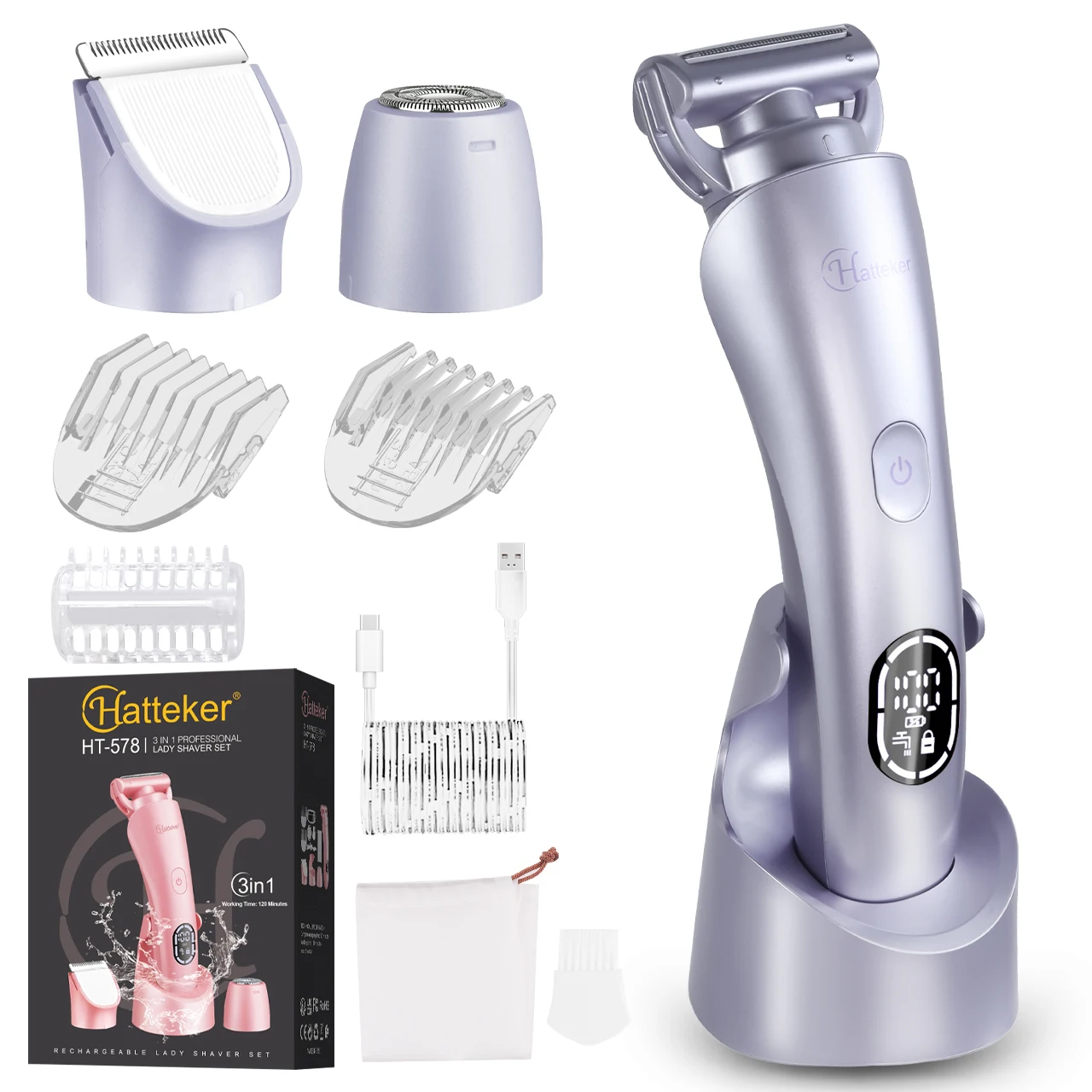 Hatteker 3-in-1 Hair Removal Device for Woman New Model Shaver for Underarm Leg Personal Grooming Hair Trimmer Kit