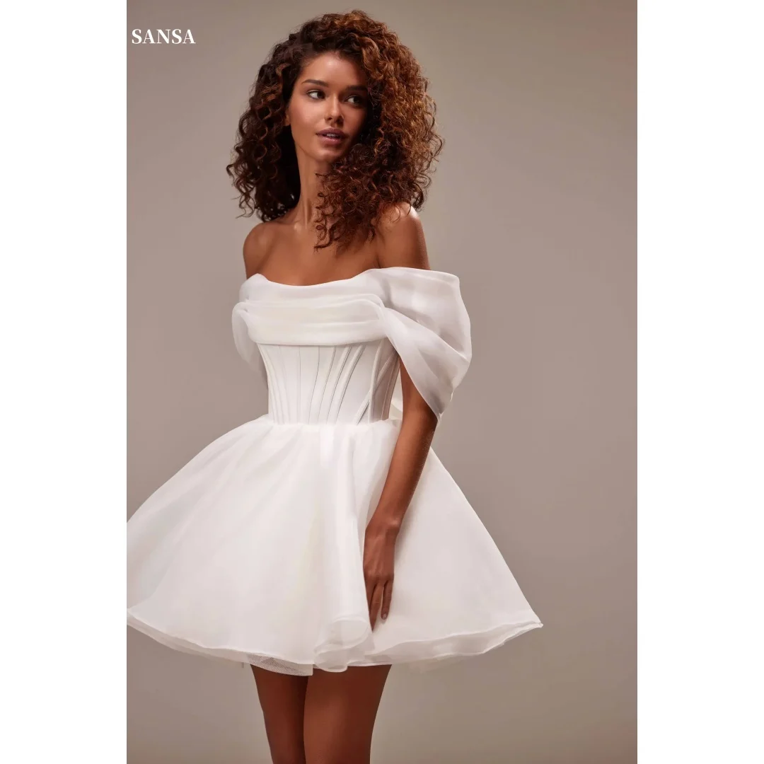 

Sansa Customized White Off The Shoulder Ball Gown Party Dress Organza Frenulum Prom Dress Short Skirt Backless Evening Dresses