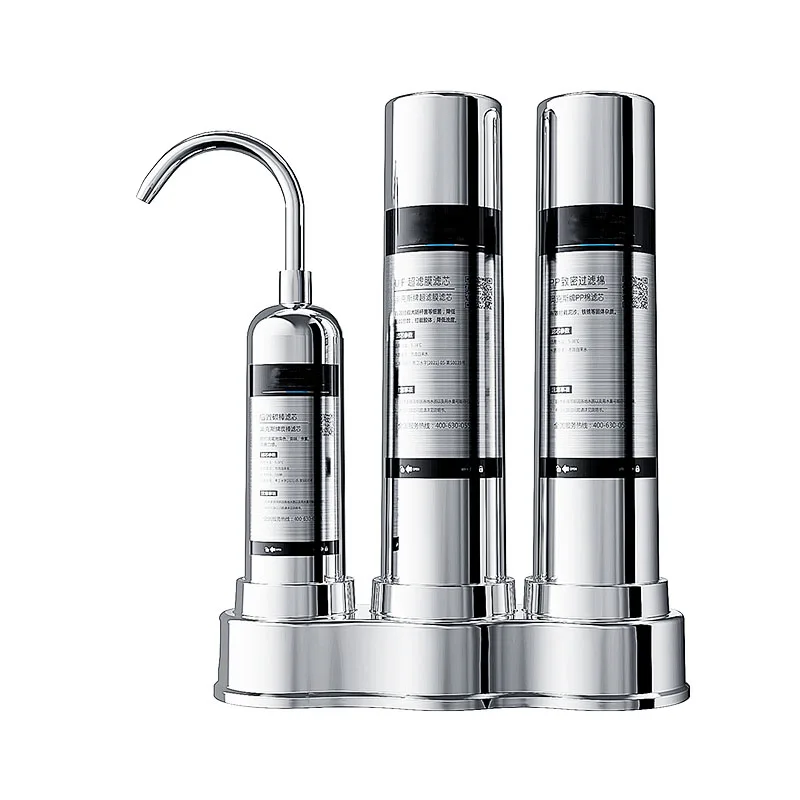 New Household Kitchen Faucet Water Purifier 304 Stainless Steel 3-Level Manual Countertop Filter Self-Cleaning Tankless